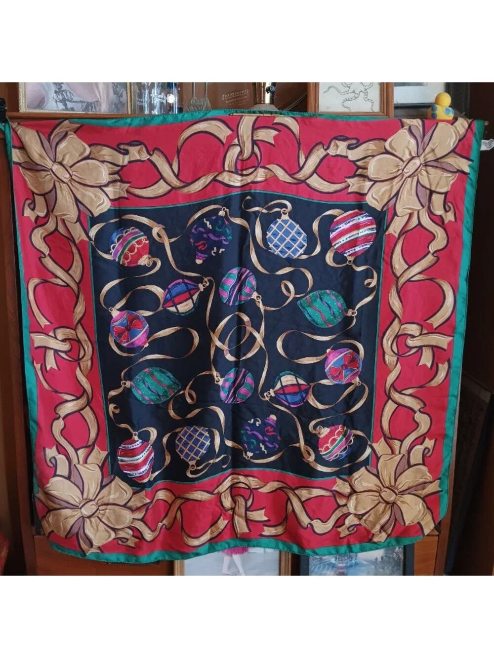 Vintage Talbots Christmas Silk Scarf Ornaments & Gold Ribbon Design Made Japan